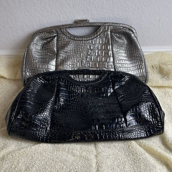 Lot of 2 Nicole Miller Faux Exotic Leather Clutch Kiss Lock‎ Black/silver - Picture 2 of 9